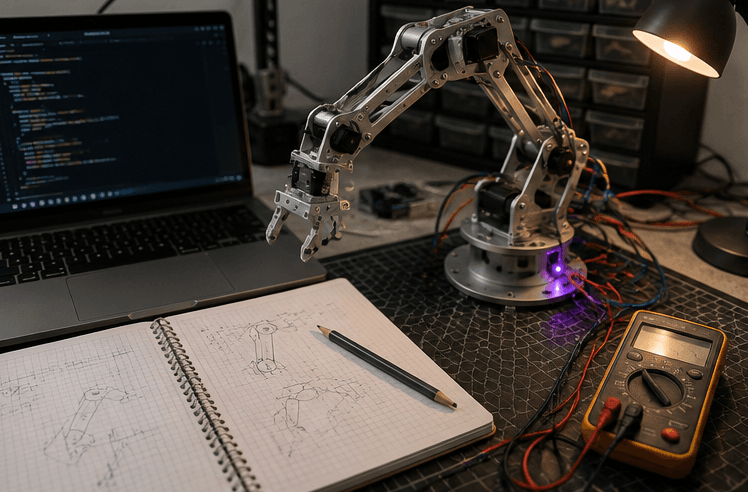 A small robotic arm prototype on a workbench next to a laptop and a notebook with hand-sketched joint diagrams