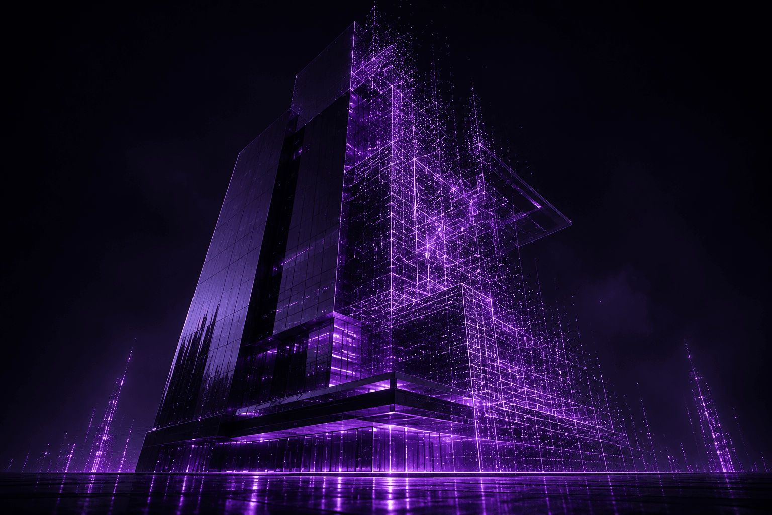 A dark futuristic structure, half solid architecture and half glowing purple wireframe, evoking EBM's move from physical to virtual, AI-driven systems