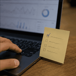 A hand on a laptop trackpad beside a sticky note with a hand-drawn checklist, one item checked