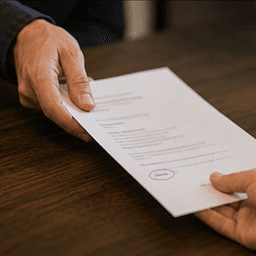 A hand passing a signed one-page term sheet across a wood desk to another hand