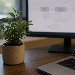 A small potted plant on a desk corner beside a monitor showing a simple workflow diagram