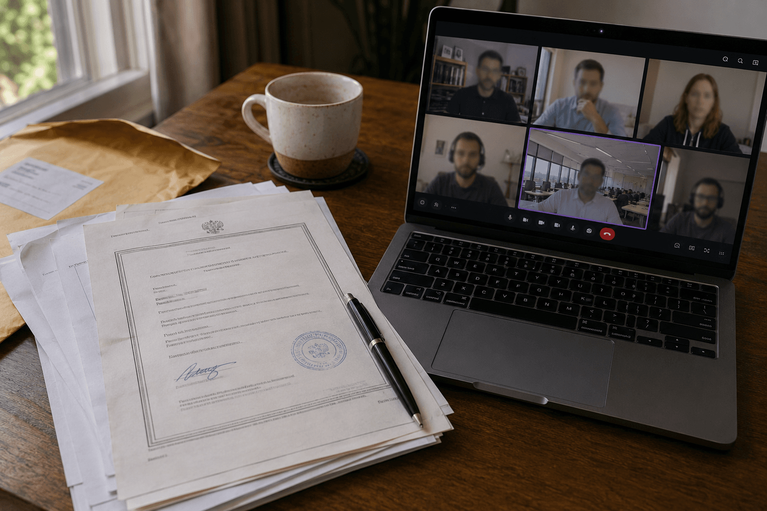 Stamped and signed incorporation documents with an official seal next to an open laptop showing a video call, one participant visible in a large corporate office