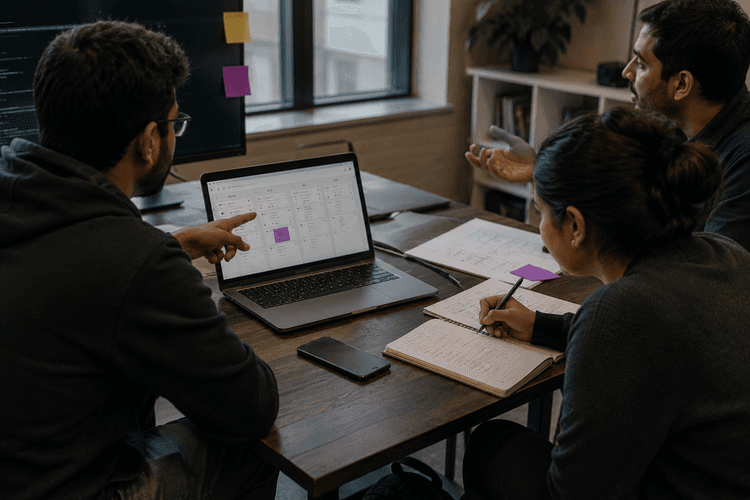 Three teammates around a desk, one pointing at a kanban board on a laptop, another taking notes by hand, a purple sticky note marking a card