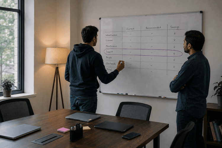 Two people standing at a whiteboard reviewing a real cost-breakdown table, one row circled in purple marker
