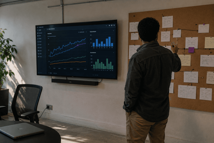 A person reviewing a real analytics dashboard on a wall-mounted screen beside a corkboard mapping out a project retrospective with pinned notes