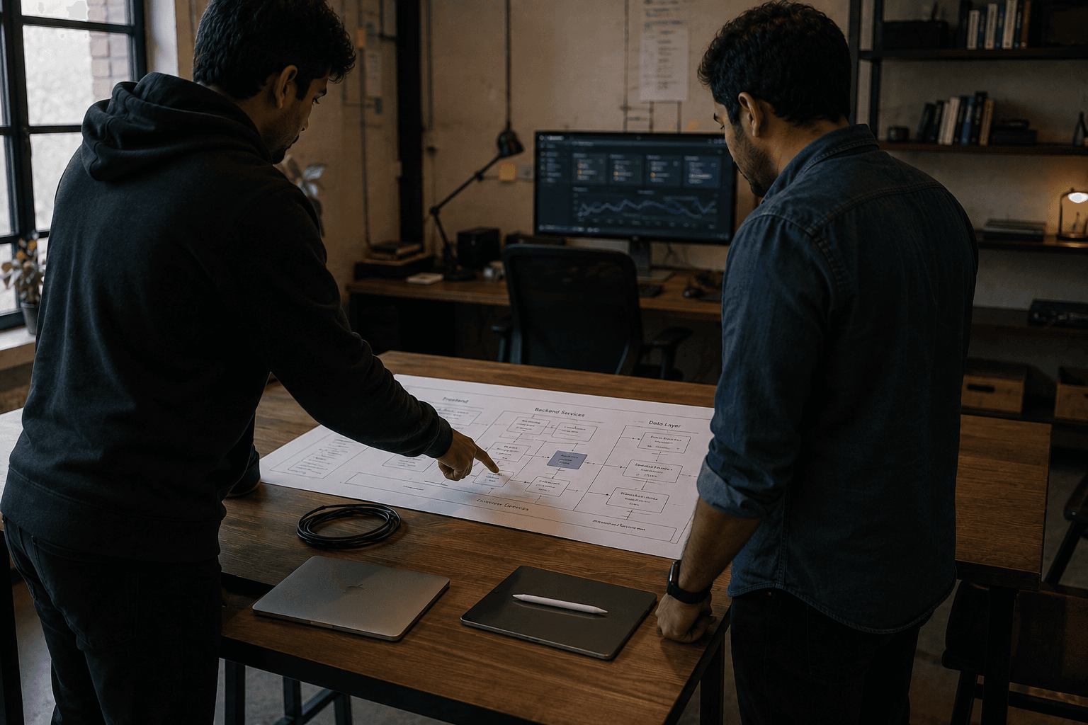 Two people at a standing table reviewing a printed system architecture diagram, one workstation in the background showing a real infrastructure dashboard