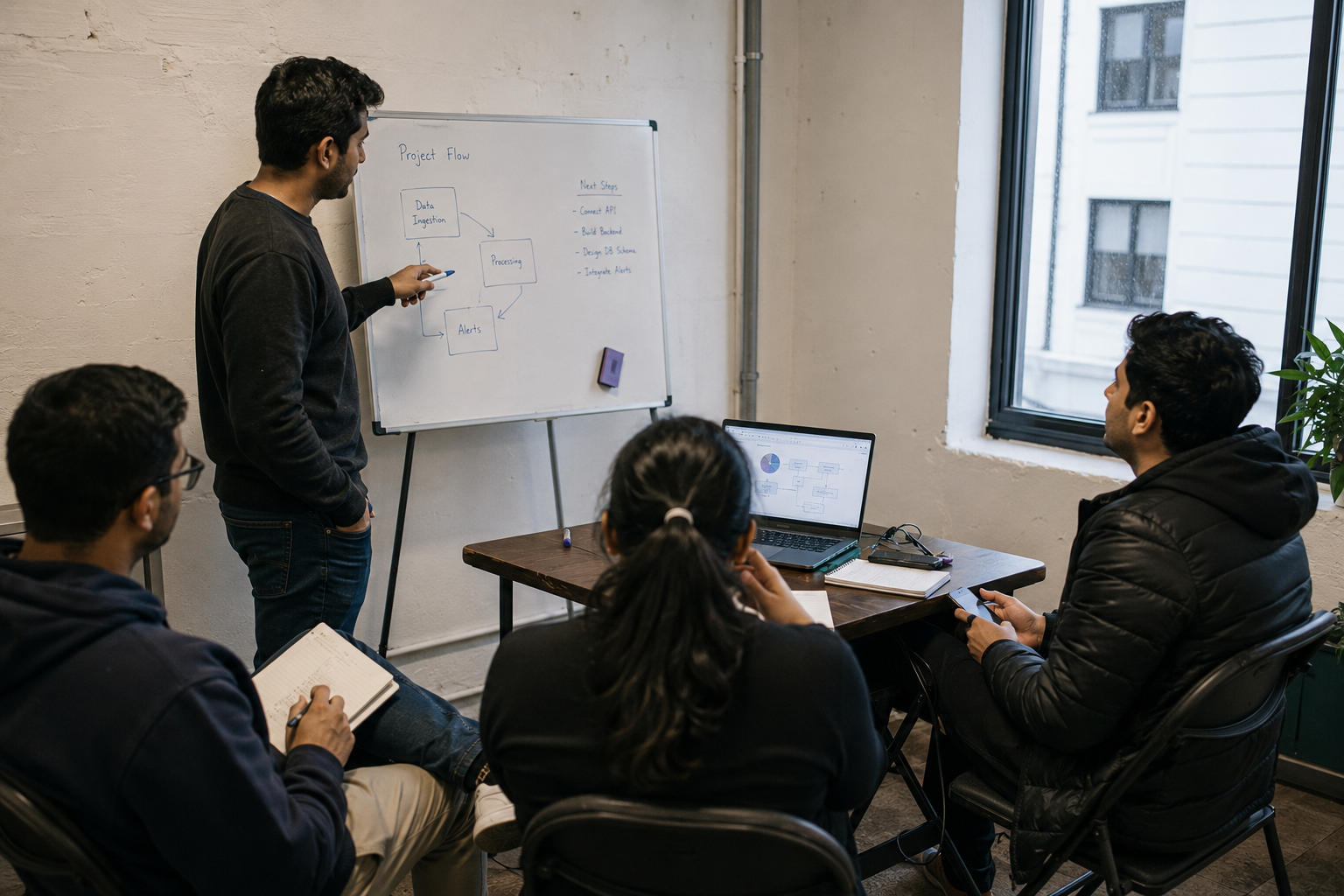 A small team meetup in a real workspace, one person explaining a project-flow diagram on a whiteboard while others listen and take notes